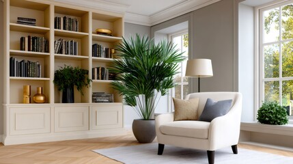 Fototapeta premium Cozy living room with bookshelf and armchair for reading
