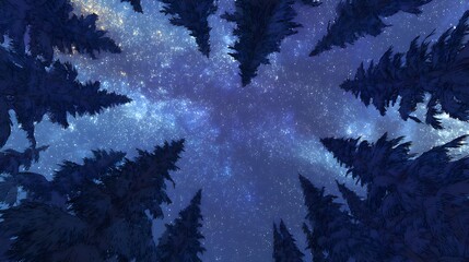 Looking up at the night sky through a dense forest of tall pine trees, with stars and a blue nebula visible.