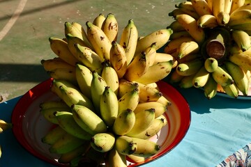 yellow and green asian bananas on banana leaves and blurry background