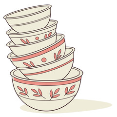 A stack of cream colored mixing bowls with pink floral and striped decorative accents on a white background