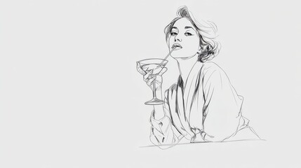 Elegant Woman Sipping Cocktail in Minimalistic Artistic Drawing