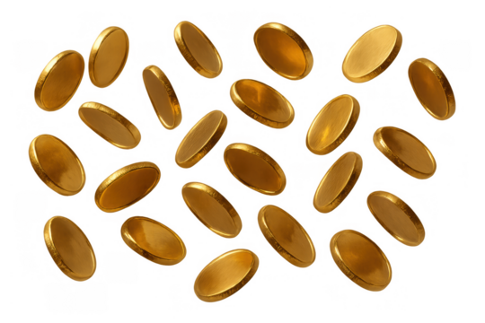 Gold coins falling, raining money on transparent background, representing finance, wealth, investment, success, and prosperity