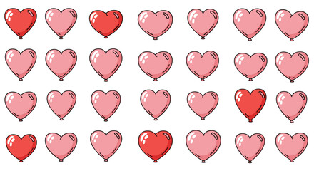 Cute cartoon collection of pink and red heart-shaped balloons in a simple, clean line art style for party and celebration designs.