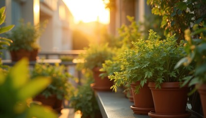 Potted plants grow on a home balcony in warm golden sunset light. Green flowers in pots on apartment terrace create a cozy garden. Urban backyard provides a peaceful place for relaxation.
