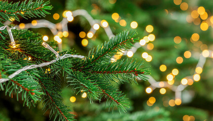 Close-up of green pine tree branches adorned with warm glowing string lights, creating a festive atmosphere.