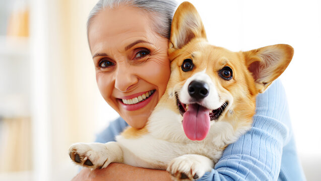 Happy senior woman embracing a cheerful Pembroke Welsh Corgi dog with its tongue out elderly - Powered by Adobe