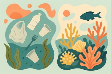 Environmental impact of ocean pollution illustrated with colorful marine life juxtaposed against plastic waste highlighting ecological awareness and conservation challenges