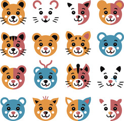 Obraz premium Cute Animal Faces Vector | Kids Cartoon Illustration