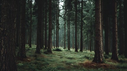 Naklejka premium Lush Green Forest Floor Amidst Towering Pine Trees on a Misty Morning.