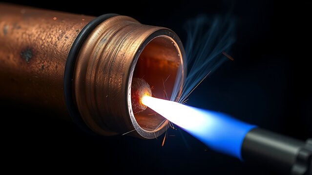 accuser. Extreme close-up of copper pipe joint with molten silver brazing. safety posters, maintenance manuals, designed for precision metalworking and fabrication facilities.