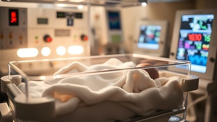 enablement. A neonatal incubator with soft blankets inside, warm lighting and medical equipment in the background. product launch decks.