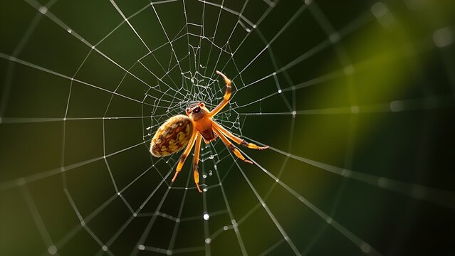 lemuria. A spider mending its intricate web with glistening threads in morning light. wildlife magazines, conservation campaigns, designed for eco-tourism storytelling, used by motion designers.