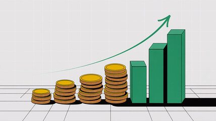 Stacks of Coins and Bar Chart with Upward Arrow and Shadow