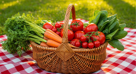Fresh organic vegetables in wicker basket on red checkered picnic blanket. Healthy harvest of carrots, tomatoes, and spinach on green grass background for summer diet concepts.