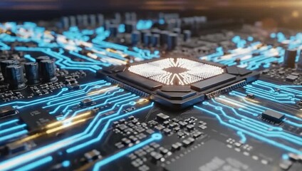 Close Up Of Advanced Computer Motherboard With Blue And Orange Circuitry And Glowing Central Processor