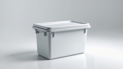 Plastic bin with a securely closed lid, its surface smooth and made of durable plastic, painted a crisp white color, isolated on a solid pure white background
