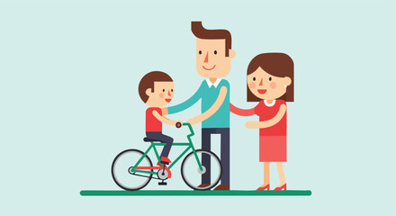 Parents Helping Their Young Son Learn How to Ride a Bicycle for the First Time