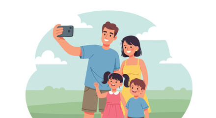 Happy Family of Four Taking a Selfie Photograph Outdoors on a Sunny Day with a Smartphone