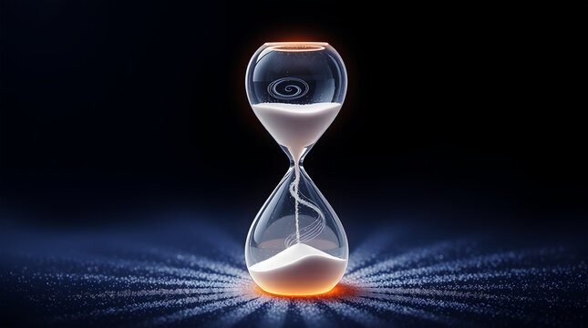 Hourglass with white sand flowing against a dark background with glowing blue light rays time - Powered by Adobe