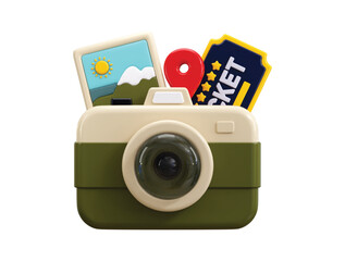 Camera with Tickets icon 3d render concept of digital camera with photo and tickets icon on photographs snapshots icon vector illustration