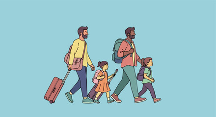 Two Fathers and Their Two Daughters Walking Together While Carrying Luggage and Backpacks for a Trip