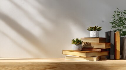 Sunlight streams through a nearby window, casting gentle shadows on a collection of well-stacked books. Small, vibrant plants enhance the serene atmosphere, creating a cozy reading nook