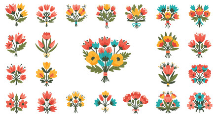 Charming collection of colorful flower bouquets in a stylized folk art style, perfect for greeting cards and wedding invitations.