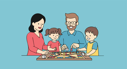 Happy Family of Four Playing a Fun Board Game Together as a Leisure Activity