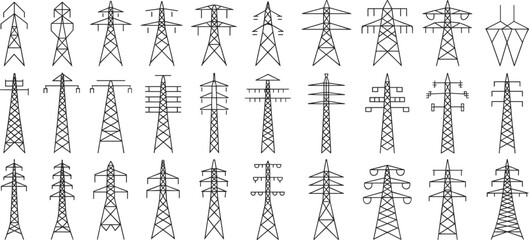 Collection of black line art electricity pylons and towers on white background power line tower