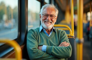 Smiling elderly man with gray hair sits on city bus with arms crossed looking at camera. He wears glasses and green sweater. He enjoys his public transport ride.