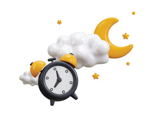 Stars and clouds with clock symbolize moon night for sleep icon 3d render