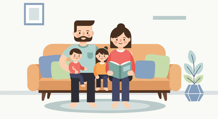 Parents and Two Young Children Sitting on a Sofa Reading a Story Book Together at Home