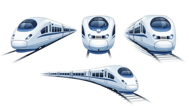 High-speed futuristic passenger train in multiple perspectives, showcasing modern transportation design