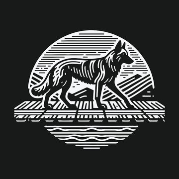 Black and white linocut illustration of a walking wolf dog in a stylized landscape.