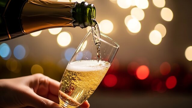 Pouring Sparkling Wine into Glass with Festive Bokeh Lights
