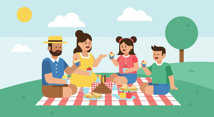 A Happy Family of Four Enjoying a Sunny Picnic Lunch Outdoors on a Checkered Blanket