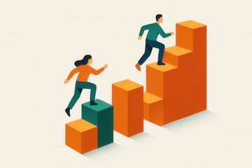 Dynamic ascent of individuals navigating upward through vibrant geometric structures symbolizing ambition, growth, and achievement in a modern professional landscape