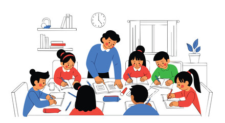 Teacher Guiding a Group of Diverse Elementary School Students While Studying and Writing Homework Together