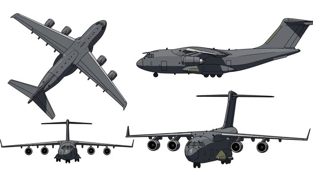 Various aerial views of a modern military transport aircraft, showcasing its robust design and capabilities