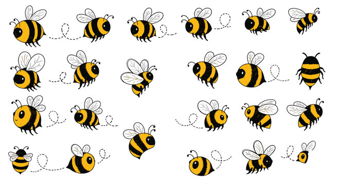 Adorable collection of hand-drawn flying bees in a cute doodle style, with dotted flight paths for charming nature designs.