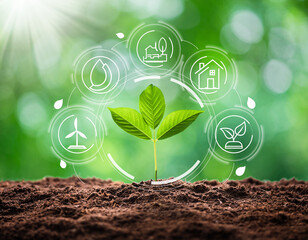 Young Green Plant Growing in Soil with Eco Icons – Sustainability, Renewable Energy, and Environmental Protection Concept