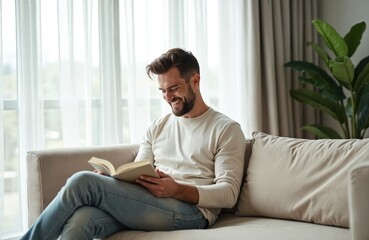 Happy man reads book on sofa near window. Smiling guy enjoys leisure time at home. Person relaxes with reading in cozy living room. Indoor comfort concept. Lifestyle photo.