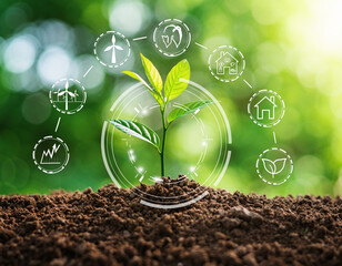 Young Green Plant Growing in Soil with Eco Icons – Sustainability, Renewable Energy, and Environmental Protection Concept