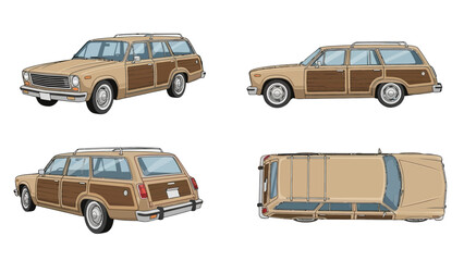 Obraz premium Vintage Station Wagon Car Views Front, Side, Rear, and Top