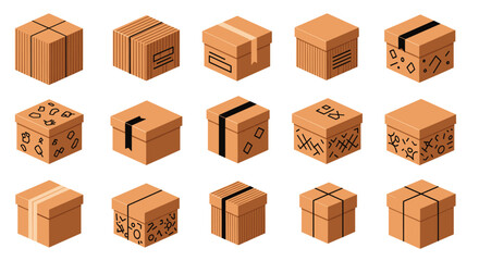 Fototapeta premium Isometric set of cardboard boxes for shipping and delivery, including sealed, open, and stacked parcel designs for logistics.