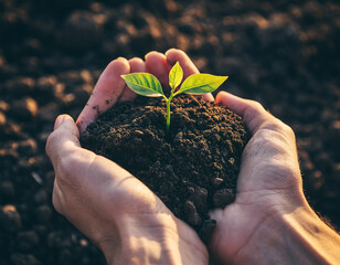 Hands Holding Soil with Young Plant – Environmental Protection and Growth Concept