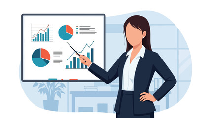 Businesswoman leading a presentation with charts on a whiteboard. Ideal for leadership, teamwork, training visuals, and corporate education content