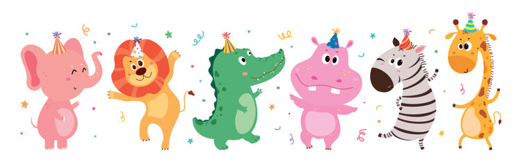 Cute cartoon animals including elephant, lion, crocodile, hippo, zebra, and giraffe celebrating a birthday with hats and confetti. Perfect for kids party themes, invitations, or decor.