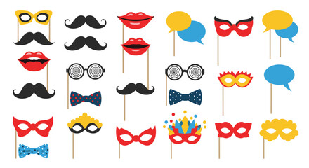 Fun set of photo booth props on sticks, including mustaches, lips, glasses, and masks for parties and celebrations vector.