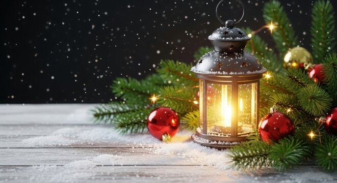 Cozy christmas lantern with ornaments and fir branches - Powered by Adobe